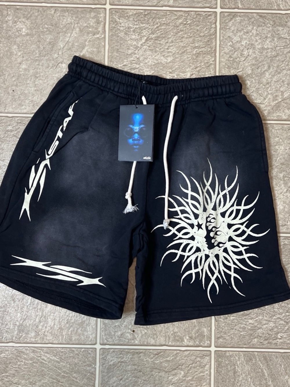 Black Graphic Athletic Men's Shorts with White Tribal Sun Design